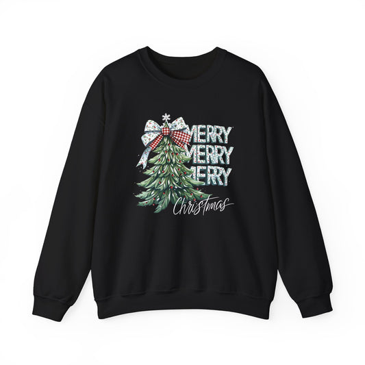 Black sweatshirt with Christmas tree and bow design on a white background