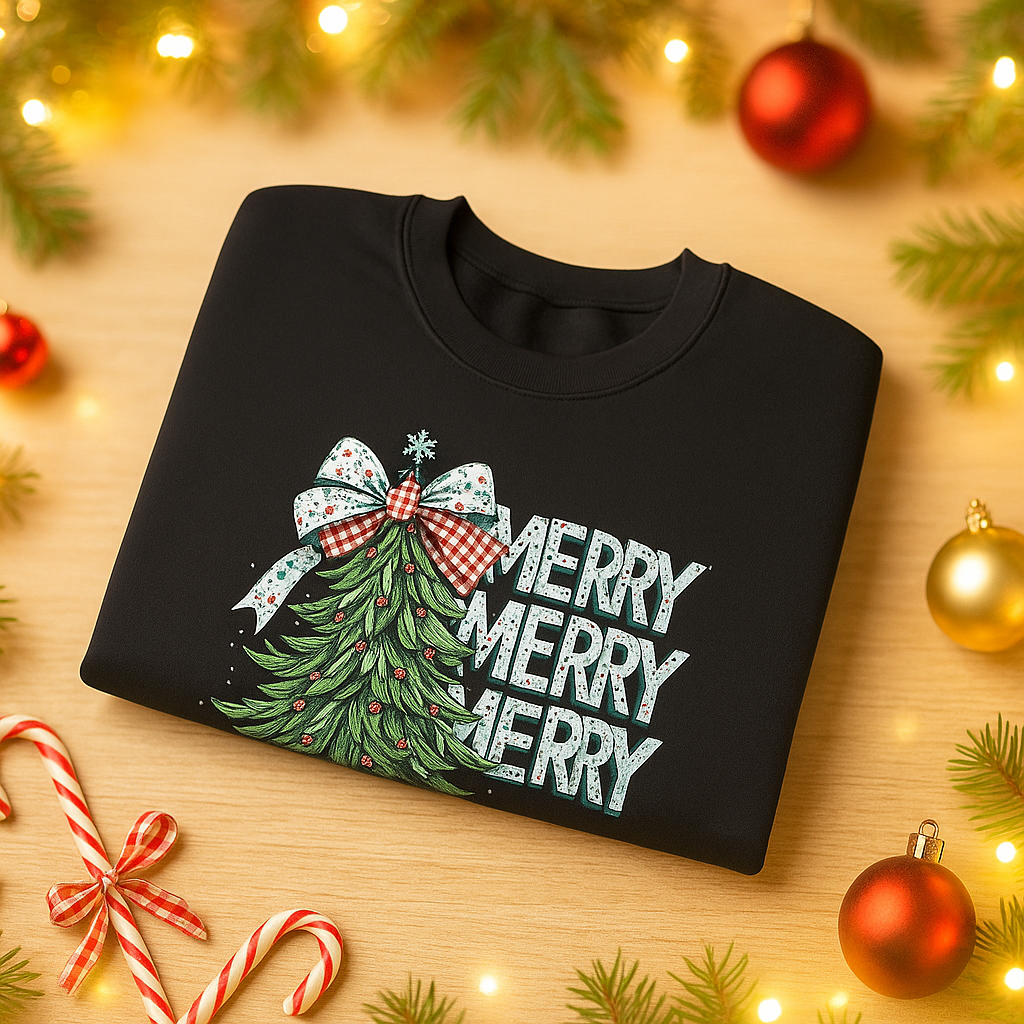 Black sweatshirt with Christmas tree design and 'Merry Merry Merry' text on a festive background.