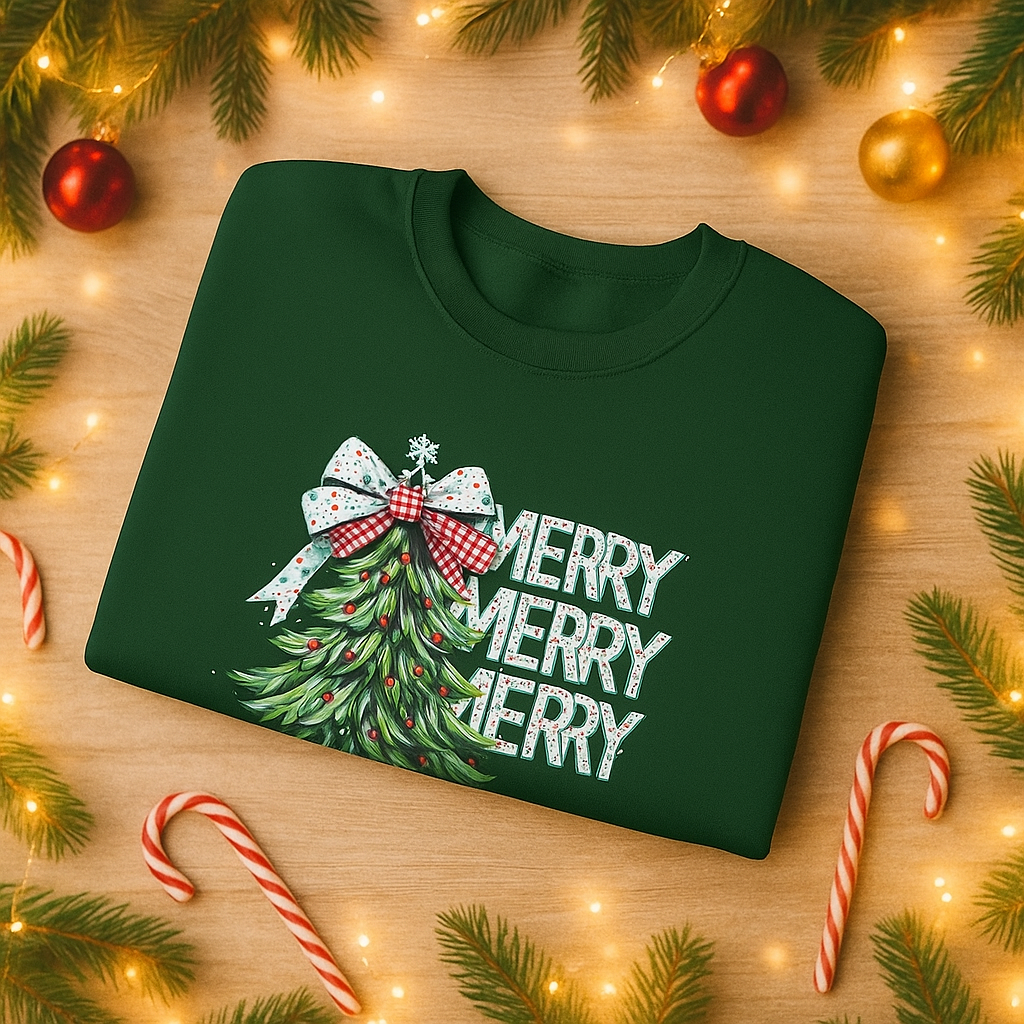 Green sweatshirt with Christmas tree design and 'Merry Merry Merry' text on a wooden surface with festive decorations.