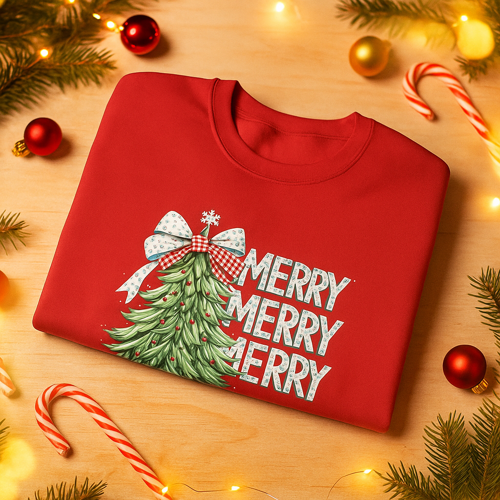Red sweatshirt with Christmas tree design and 'Merry Merry Merry' text on a wooden surface with festive decorations.