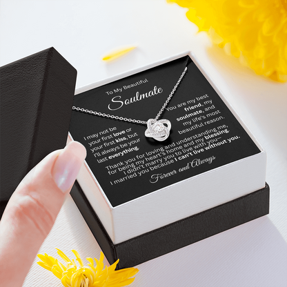 White gold love knot necklace in a black and white gift box with a heartfelt “To My Beautiful Soulmate” message card.
