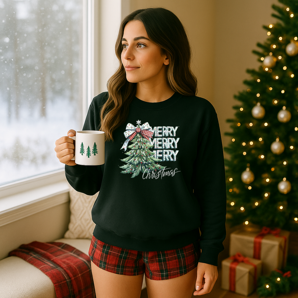 Woman wearing a festive sweater and plaid shorts, holding a mug, with a Christmas tree and presents in the background.